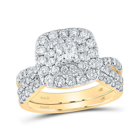 14k Yellow Gold Princess Diamond Halo Bridal Wedding Ring Band Set 2 Cttw