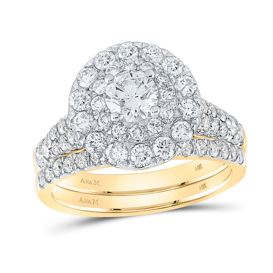 14k Yellow Gold Round Diamond Halo Bridal Wedding Ring Band Set 2 Cttw