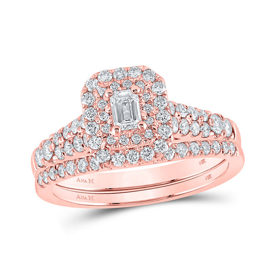 14k Rose Gold Emerald Diamond Halo Bridal Wedding Ring Band Set 1 Cttw