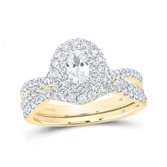 14k Yellow Gold Oval Diamond Halo Bridal Wedding Ring Band Set 1 Cttw