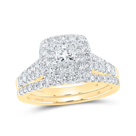 14k Yellow Gold Princess Diamond Halo Bridal Wedding Ring Band Set 1-1/2 Cttw
