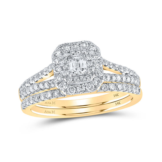 14k Yellow Gold Emerald Diamond Halo Bridal Wedding Ring Band Set 1 Cttw