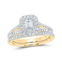  14k Yellow Gold Emerald Diamond Halo Bridal Wedding Ring Band Set 1 Cttw