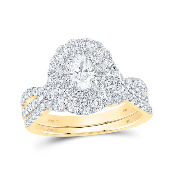 14k Yellow Gold Oval Diamond Halo Bridal Wedding Ring Band Set 1/2 Cttw