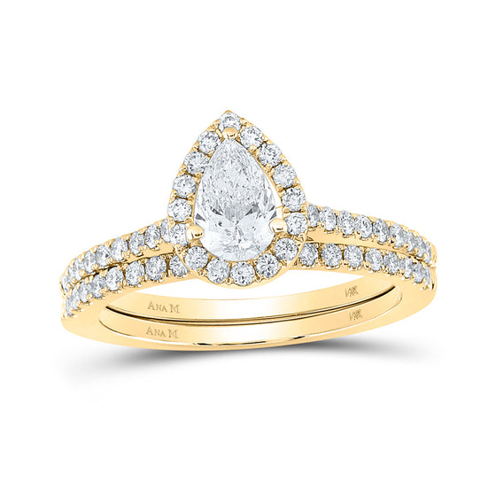 14k Yellow Gold Pear Diamond Halo Bridal Wedding Ring Band Set 1 Cttw