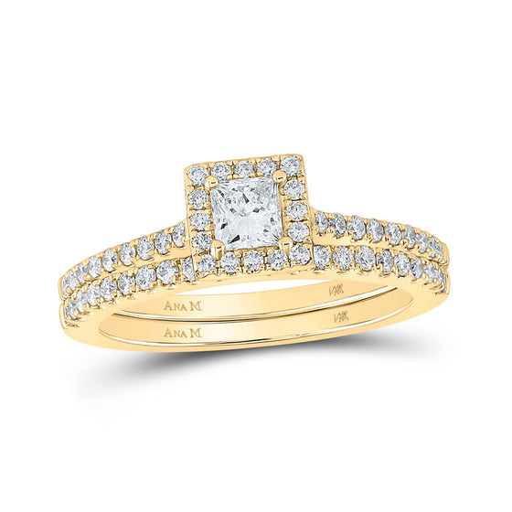 14k Yellow Gold Princess Diamond Halo Bridal Wedding Ring Band Set 7/8 Cttw