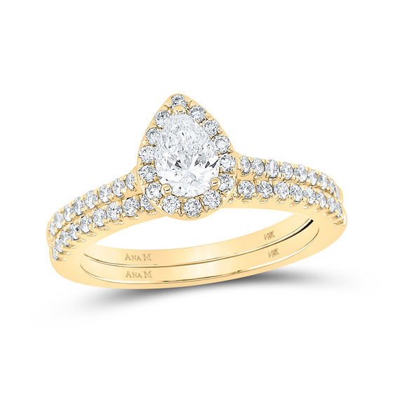 14k Yellow Gold Pear Diamond Halo Bridal Wedding Ring Band Set 1 Cttw