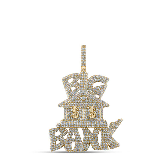 10k Yellow Gold Mens Round Diamond Big Bank Money Charm Pendant 7-3/4 Cttw