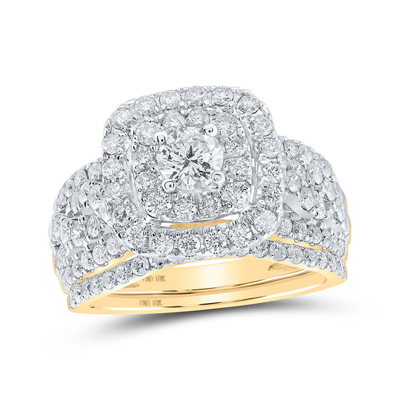 10k Yellow Gold Round Diamond Square Halo Bridal Wedding Ring Band Set 2 Cttw