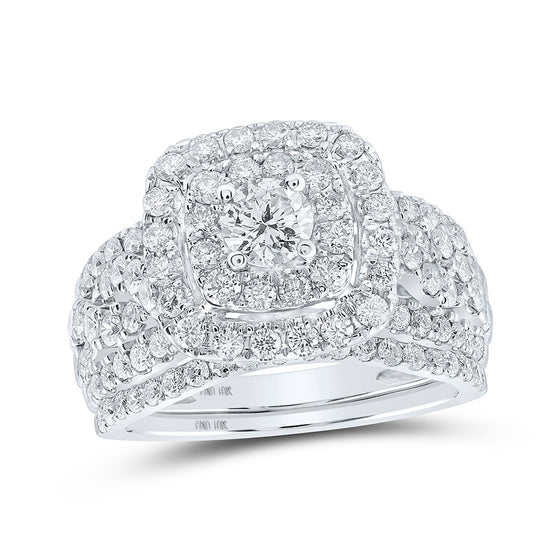 10k White Gold Round Diamond Square Halo Bridal Wedding Ring Band Set 2 Cttw