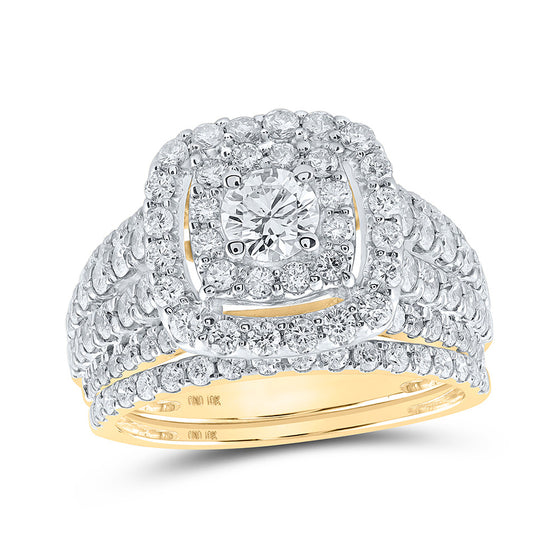 10k Yellow Gold Round Diamond Square Halo Bridal Wedding Ring Band Set 2 Cttw