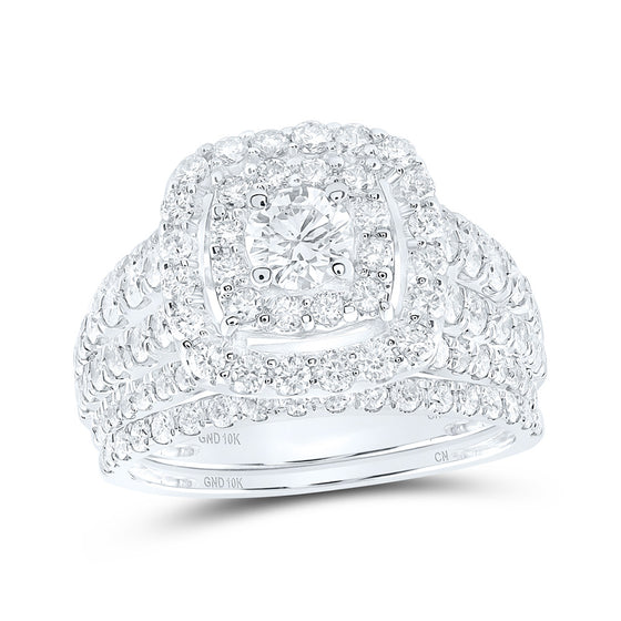 10k White Gold Round Diamond Square Halo Bridal Wedding Ring Band Set 2 Cttw