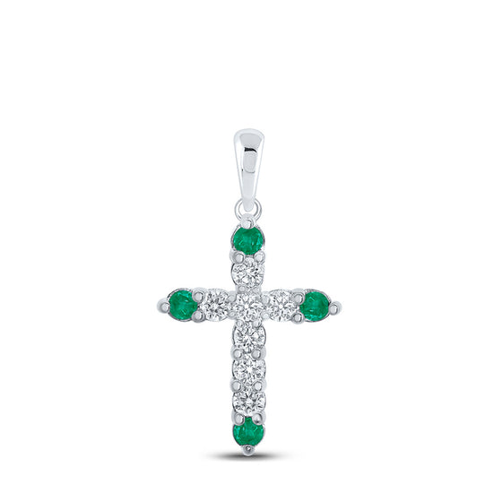 10k White Gold Womens Round Emerald Diamond Cross Pendant 1/5 Cttw