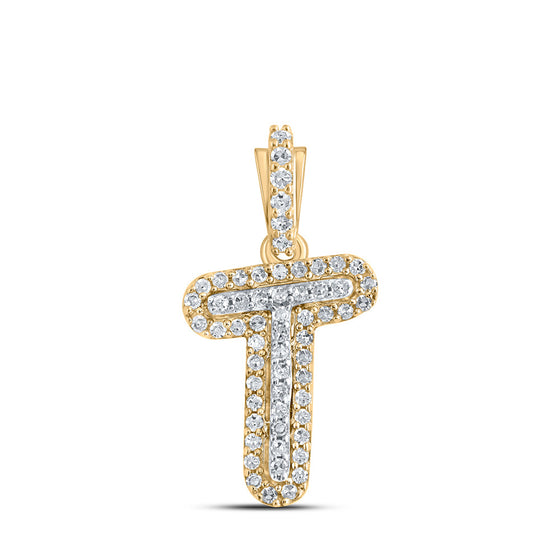 10k Yellow Gold Womens Round Diamond T Initial Letter Pendant 1/8 Cttw