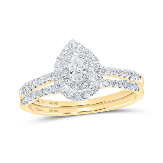10k Yellow Gold Pear Diamond Bridal Wedding Ring Band Set 3/8 Cttw