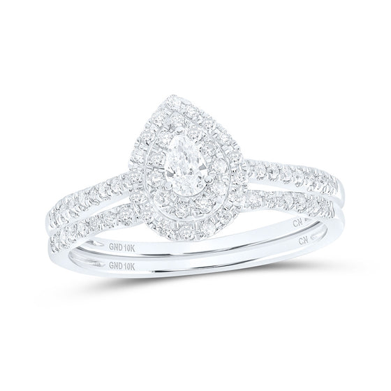 10k White Gold Pear Diamond Halo Bridal Wedding Ring Band Set 3/8 Cttw