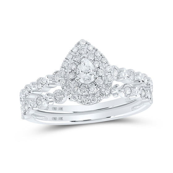 10k White Gold Pear Diamond Halo Bridal Wedding Ring Band Set 3/8 Cttw