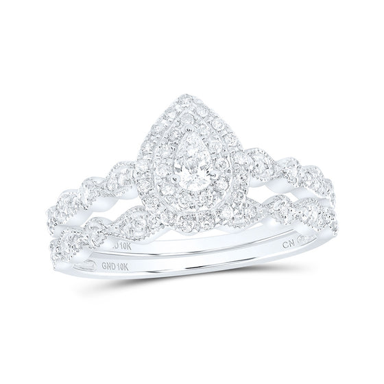 10k White Gold Pear Diamond Halo Bridal Wedding Ring Band Set 3/8 Cttw