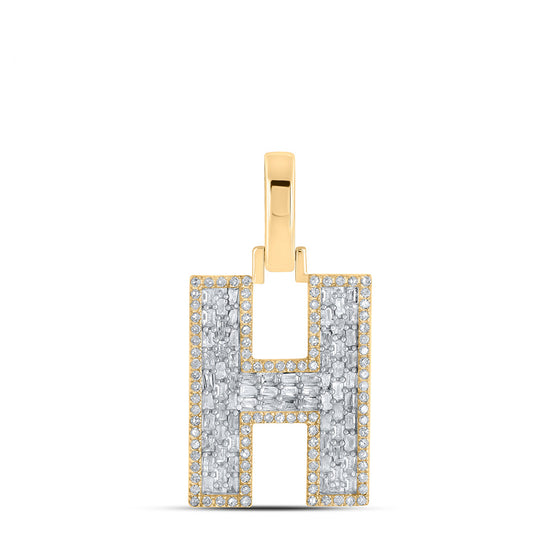 10k Yellow Gold Mens Baguette Diamond H Initial Letter Charm Pendant 1/2 Cttw