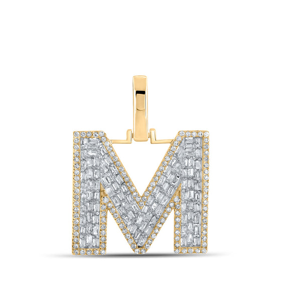 10k Yellow Gold Mens Baguette Diamond M Initial Letter Charm Pendant 3/4 Cttw