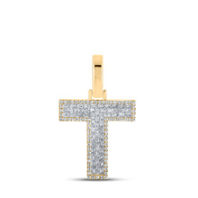  10k Yellow Gold Mens Baguette Diamond T Initial Letter Charm Pendant 3/8 Cttw