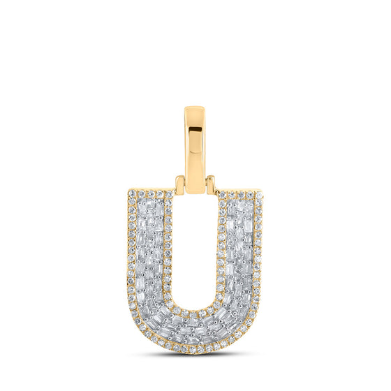10k Yellow Gold Mens Baguette Diamond U Initial Letter Charm Pendant 1/2 Cttw