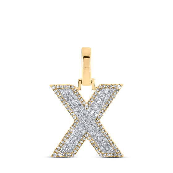 10k Yellow Gold Mens Baguette Diamond X Initial Letter Charm Pendant 1/2 Cttw