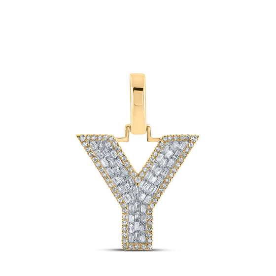10k Yellow Gold Mens Baguette Diamond Y Initial Letter Charm Pendant 1/2 Cttw