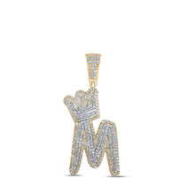  10k Yellow Gold Mens Round Diamond M Crown Letter Charm Pendant 1-1/5 Cttw