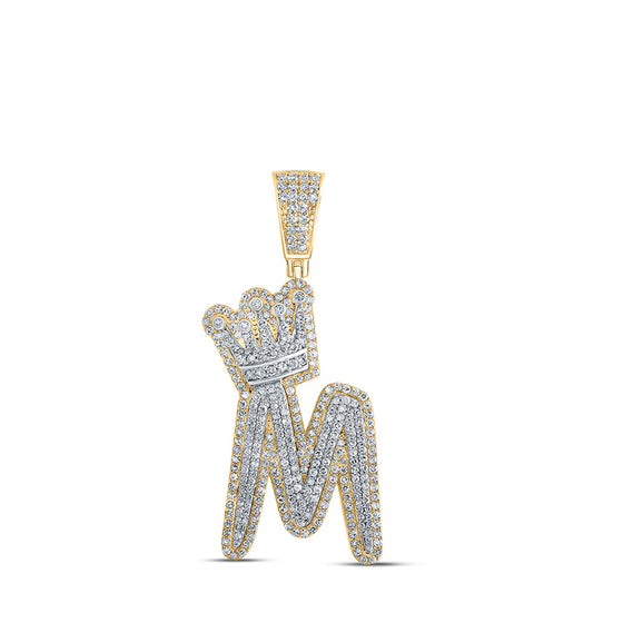 10k Yellow Gold Mens Round Diamond M Crown Letter Charm Pendant 1-1/5 Cttw