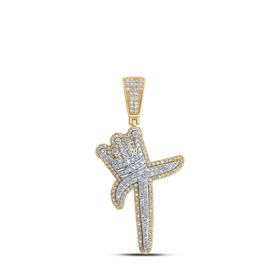 10k Yellow Gold Mens Round Diamond T Crown Letter Charm Pendant 1 Cttw
