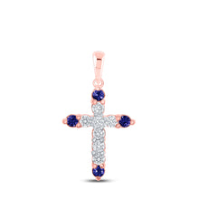  10k Rose Gold Womens Round Blue Sapphire Diamond Cross Pendant 1/4 Cttw