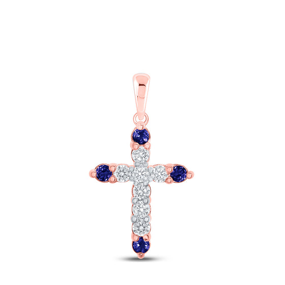 10k Rose Gold Womens Round Blue Sapphire Diamond Cross Pendant 1/4 Cttw