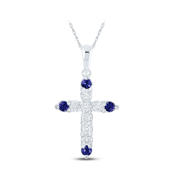 10k White Gold Womens Round Blue Sapphire Diamond Cross Pendant 1/4 Cttw