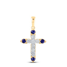  10k Yellow Gold Womens Round Blue Sapphire Diamond Cross Pendant 1/4 Cttw