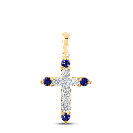 10k Yellow Gold Womens Round Blue Sapphire Diamond Cross Pendant 1/4 Cttw