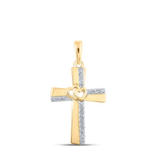  10k Yellow Gold Womens Round Diamond Heart Cross Pendant 1/10 Cttw