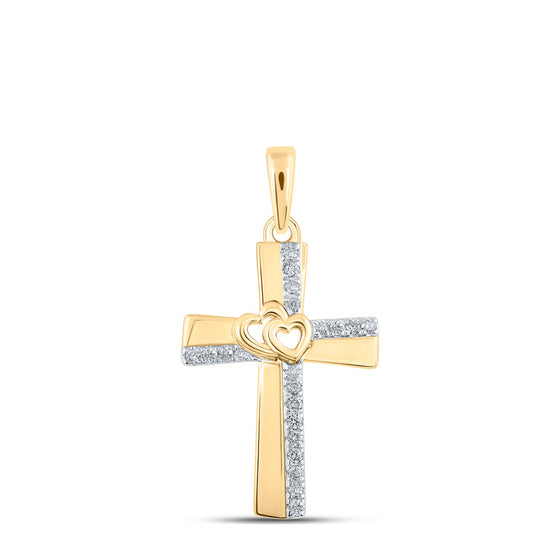 10k Yellow Gold Womens Round Diamond Heart Cross Pendant 1/10 Cttw