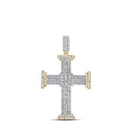 10k Yellow Gold Mens Baguette Diamond Cross Charm Pendant 1-7/8 Cttw