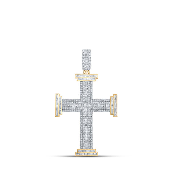 10k Yellow Gold Mens Baguette Diamond Cross Charm Pendant 1-3/4 Cttw