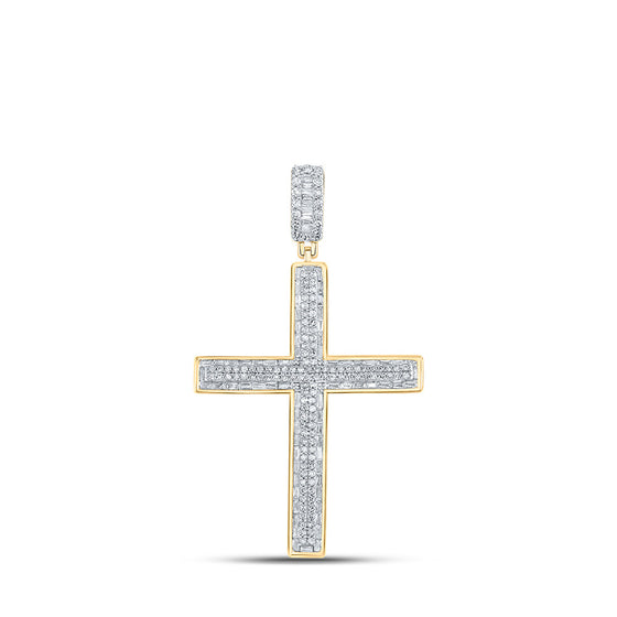10k Yellow Gold Mens Baguette Diamond Cross Charm Pendant 1 Cttw