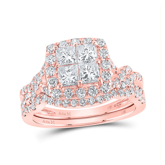 14k Rose Gold Round Diamond Square Bridal Wedding Ring Band Set 1-7/8 Cttw