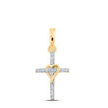  10k Yellow Gold Womens Round Diamond Heart Cross Pendant 1/20 Cttw