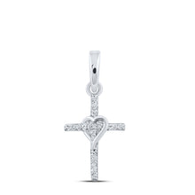  10k White Gold Womens Round Diamond Heart Cross Pendant 1/20 Cttw