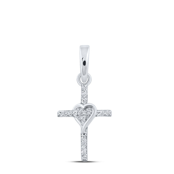 10k White Gold Womens Round Diamond Heart Cross Pendant 1/20 Cttw