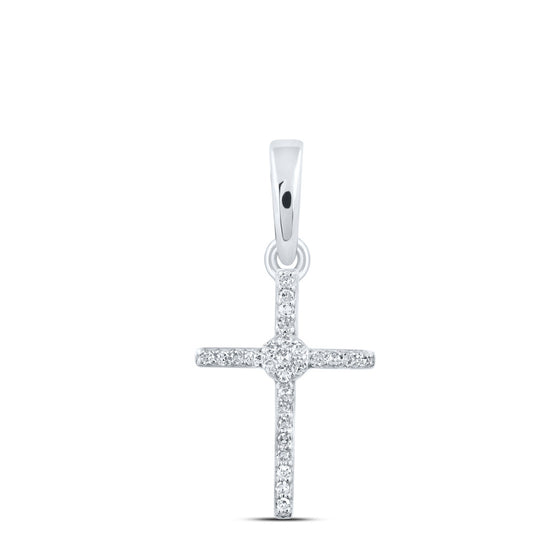 10k White Gold Womens Round Diamond Cross Pendant 1/12 Cttw