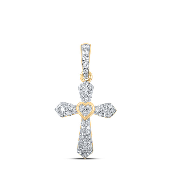 10k Yellow Gold Womens Round Diamond Heart Cross Pendant 1/6 Cttw