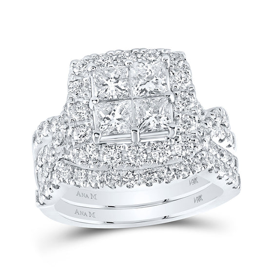 14k White Gold Princess Diamond Square Bridal Wedding Ring Band Set 3 Cttw