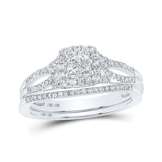 10k White Gold Princess Diamond Square Bridal Wedding Ring Band Set 1/2 Cttw