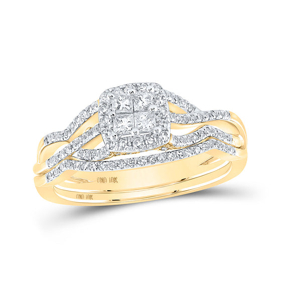 10k Yellow Gold Princess Diamond Square Bridal Wedding Ring Band Set 1/2 Cttw